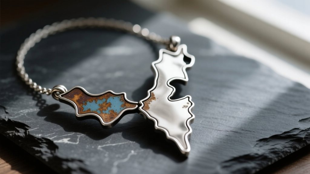 Close-up of a tarnished 925 silver Israel map necklace on dark slate, showing oxidized borders and delicate coastline details.