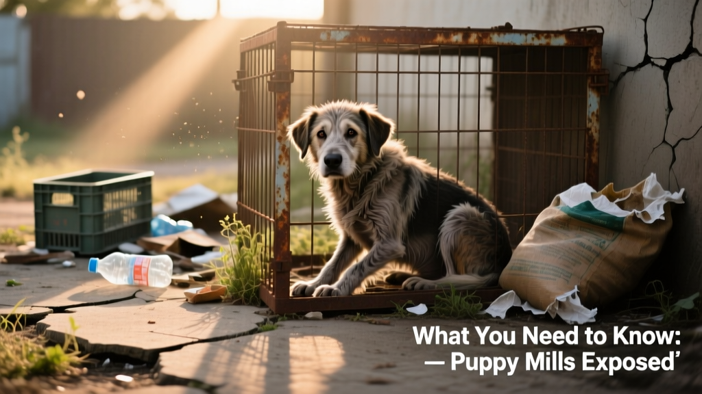 A distressed dog confined in a rusted wire cage outdoors, surrounded by debris and neglect