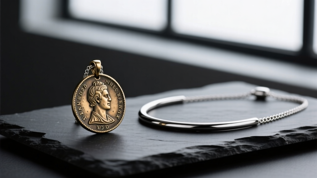 Tarnished brass Alexander coin pendant resting next to a bright argentium silver necklace on dark slate in soft studio lighting.