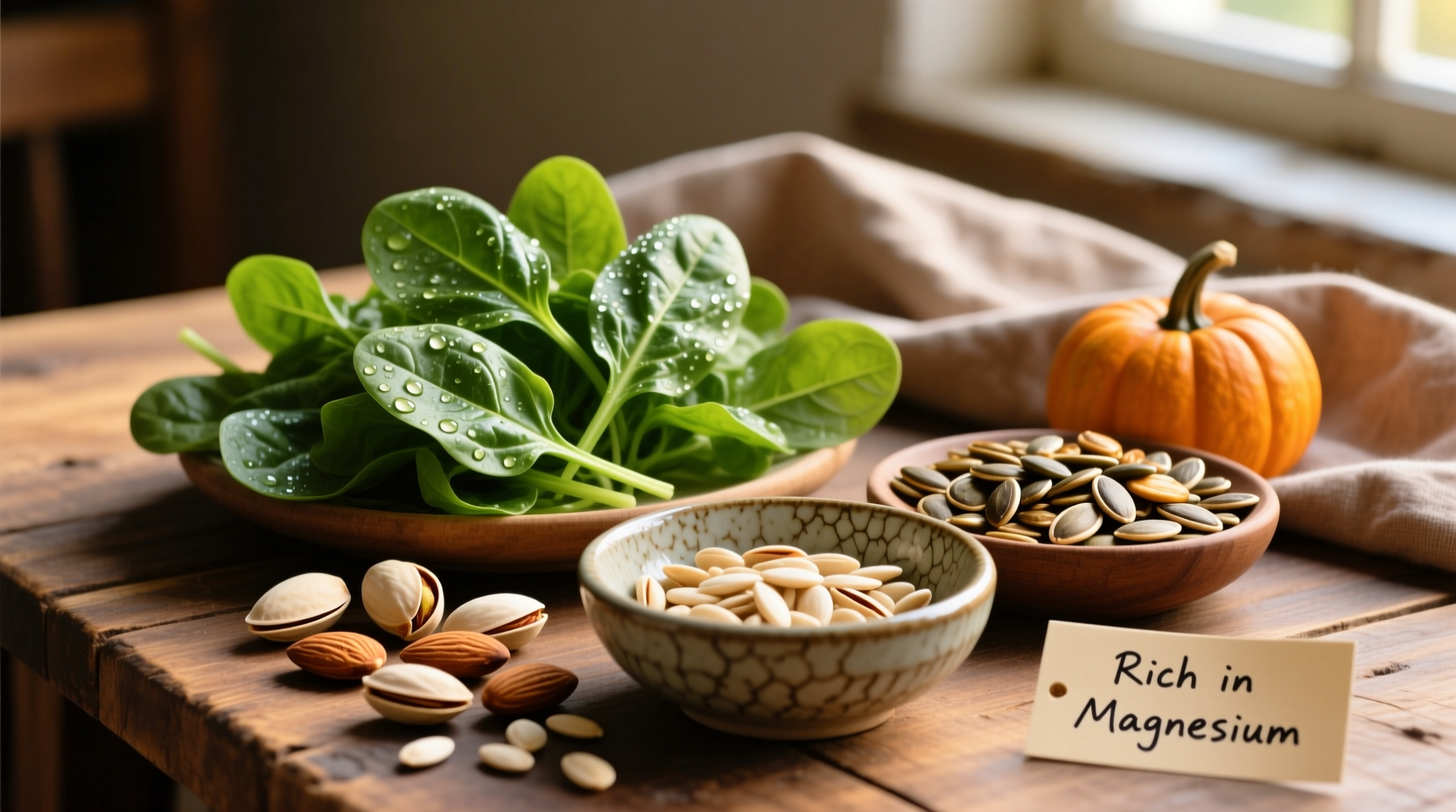 Colorful magnesium-rich foods including spinach, almonds, and pumpkin seeds