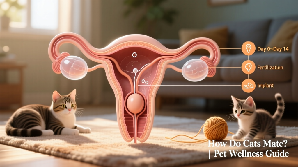 Cross-section diagram of feline reproductive tract showing egg transport and implantation timeline