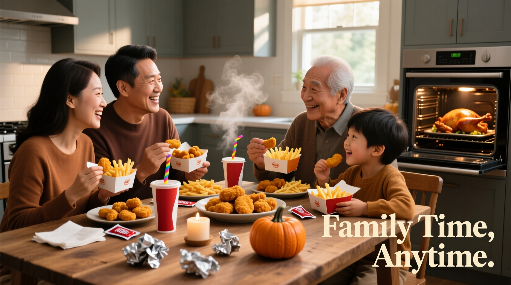 Family enjoying fast food meal on Thanksgiving