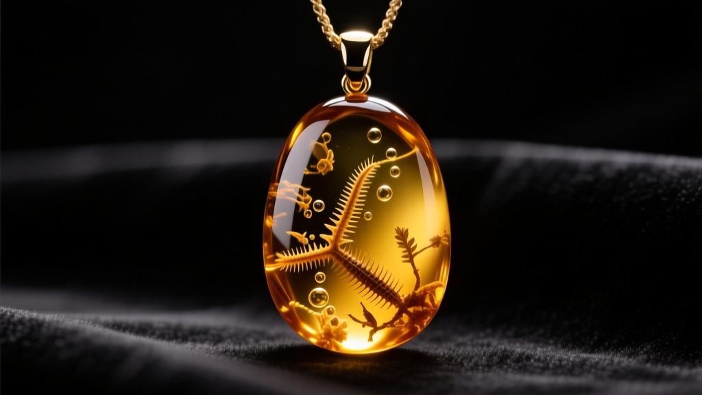 Close-up of a polished Baltic amber pendant with natural inclusions, glowing against a dark velvet background, studio lighting
