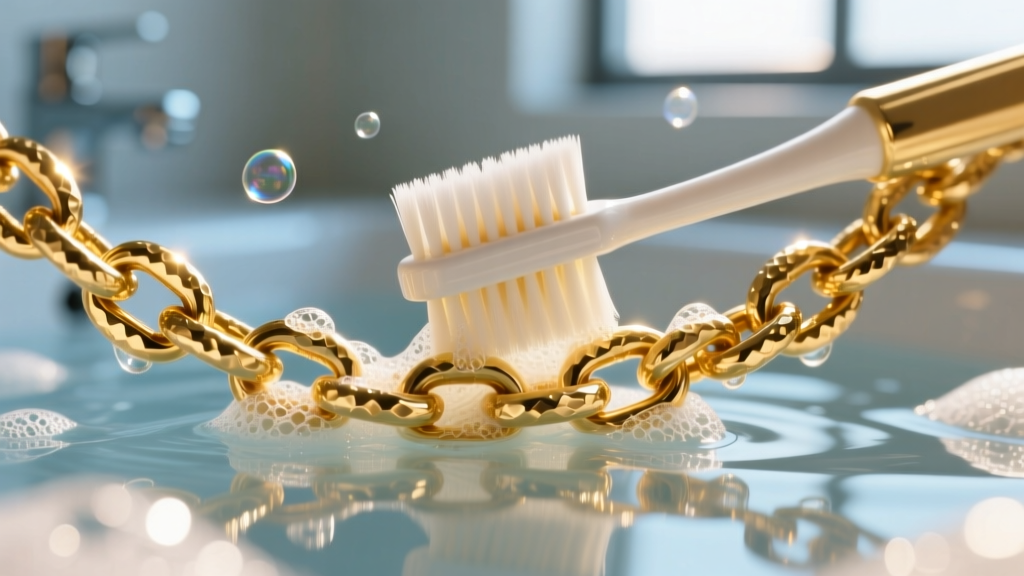 Macro shot of a soft toothbrush scrubbing the textured valleys of a gold vermeil hammered chain link under warm soapy water.