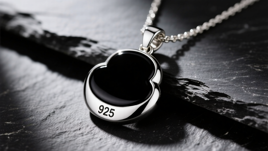 Close-up of a silver Billie Eilish Blohsh pendant on dark slate, showing smooth black enamel and a crisp 925 stamp.