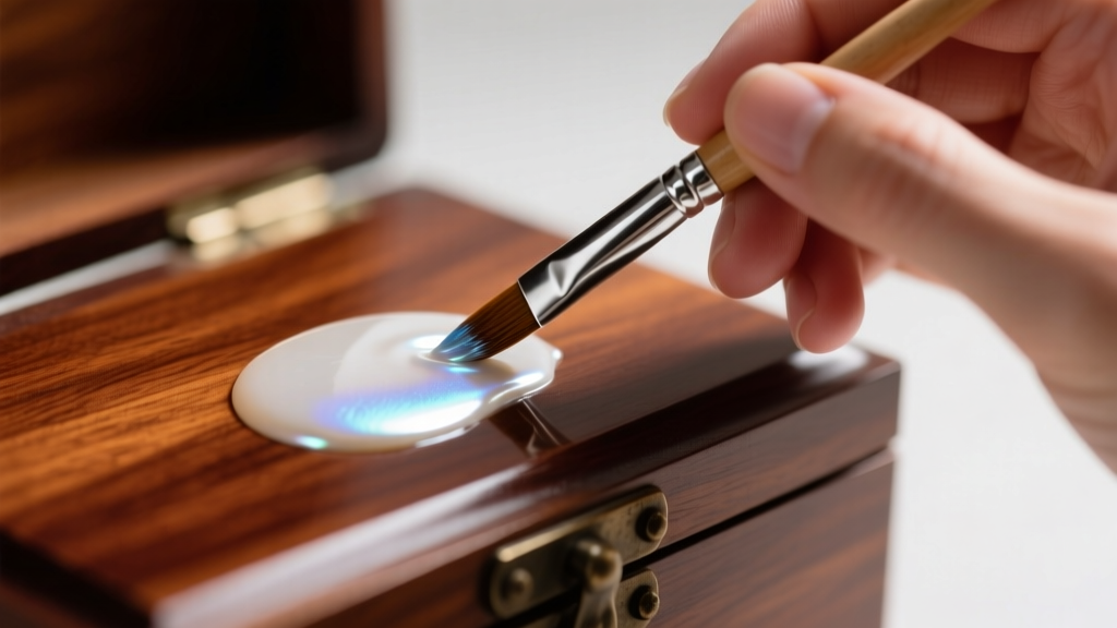 Close-up of a hand applying high-gloss pearl enamel jewelry box paint to a vintage mahogany keepsake using a synthetic brush