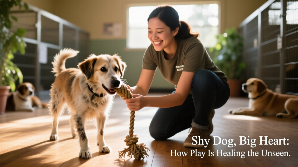 Dottie gently tugging a rope toy with a shelter volunteer, both smiling and relaxed
