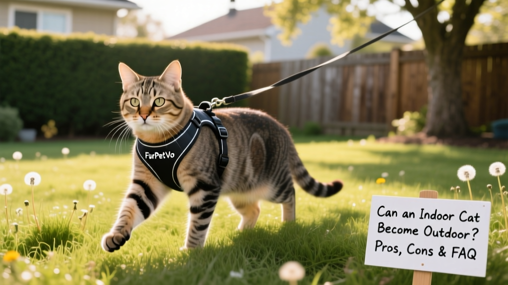 A cat wearing a FurPetVo safety harness during a gentle leash walk in a grassy yard
