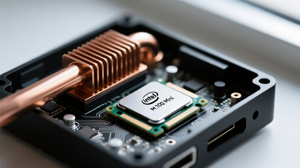 Close-up macro shot of an Intel N100 Mini PC motherboard with a copper heat pipe cooling solution and an M.2 SSD installed in a compact chassis.