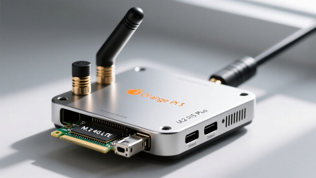 Close-up of Orange Pi 5 Plus with M.2 4G LTE modem in bottom slot, connected to dual external SMA antennas on metal case.