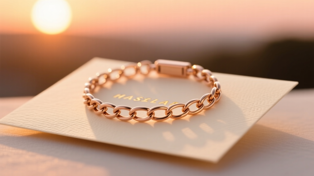 Rose gold tennis bracelet draped over a handwritten card, bathed in warm sunset lighting for a romantic gift guide aesthetic setup