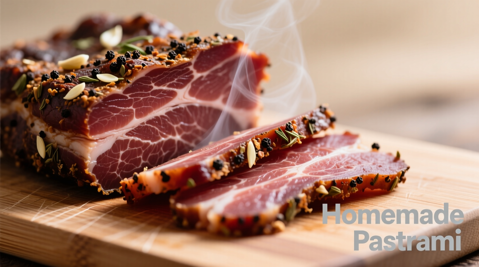Homemade pastrami sliced thin with visible marbling and spice crust