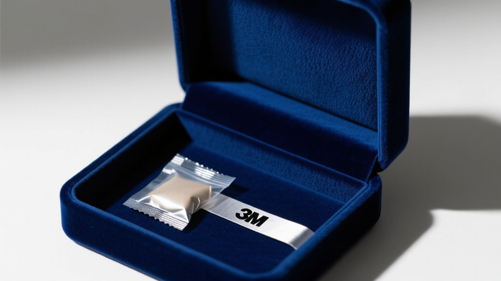 Open jewelry box displaying plush navy blue velvet lining, a small silica gel packet, and a 3M anti-tarnish strip in the corner.