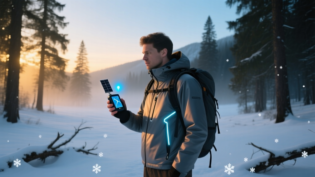 Backpacker in an aerogel jacket testing a satellite messenger device while standing in a snowy sub-alpine forest clearing at dusk