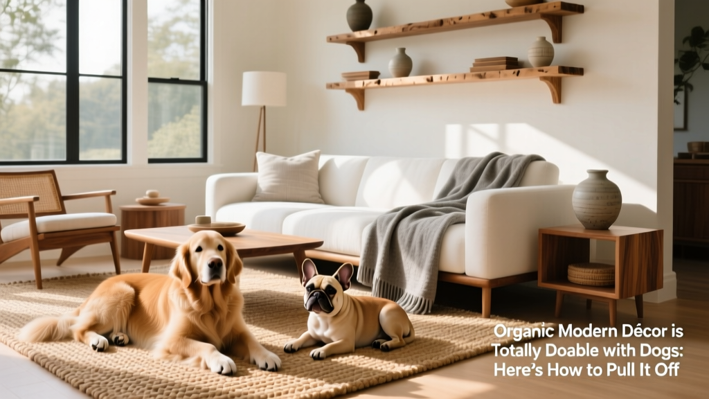 Emily Wang's living room featuring light-toned furniture, a white couch with a textured gray blanket, and three dogs resting comfortably