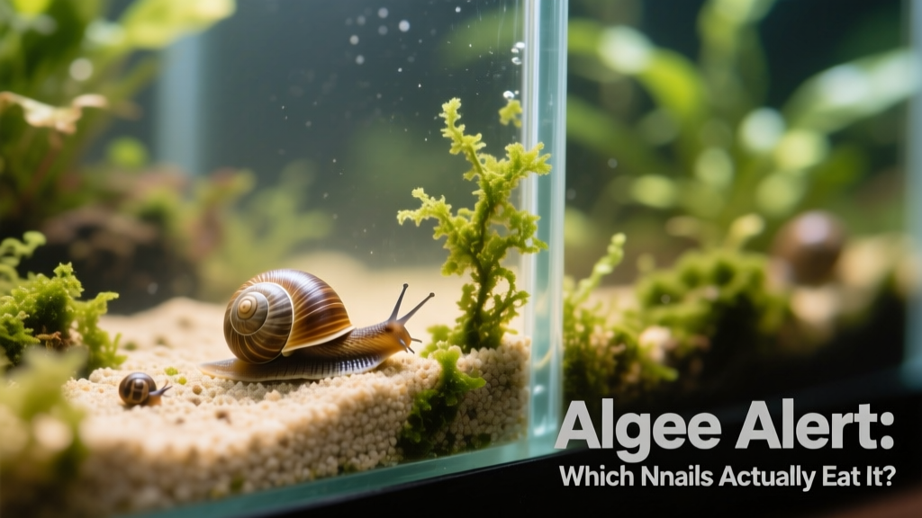 Aquarium substrate with Malaysian trumpet snails partially buried and ramshorn snails grazing on algae-covered glass