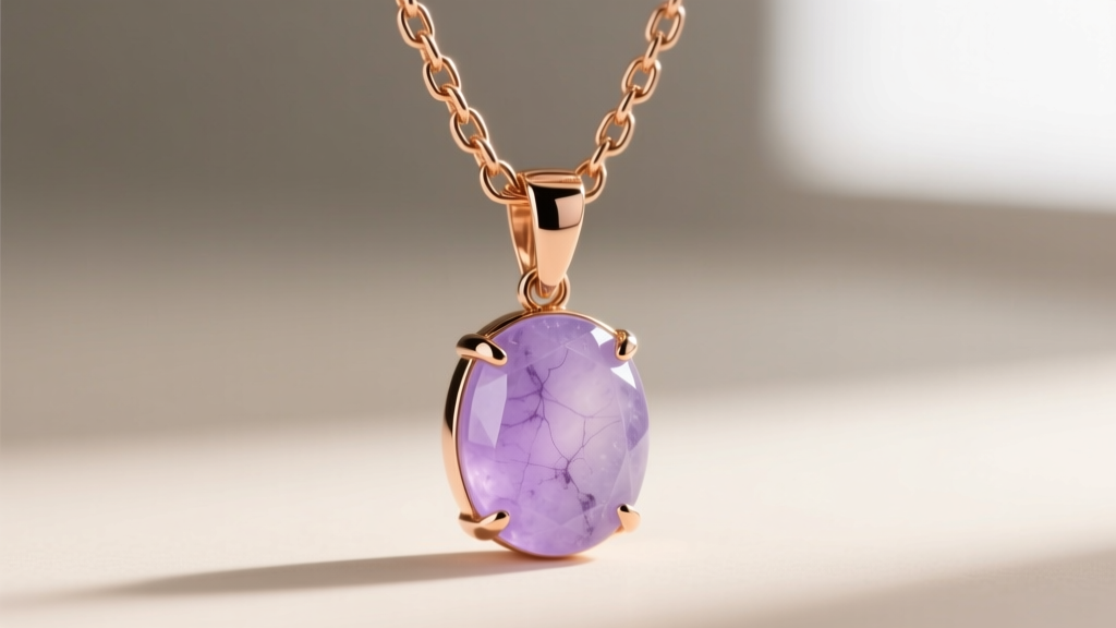 Close-up macro shot of a 14k rose gold chain attached to a bezel-set lavender jadeite pendant, showing soft purple translucency