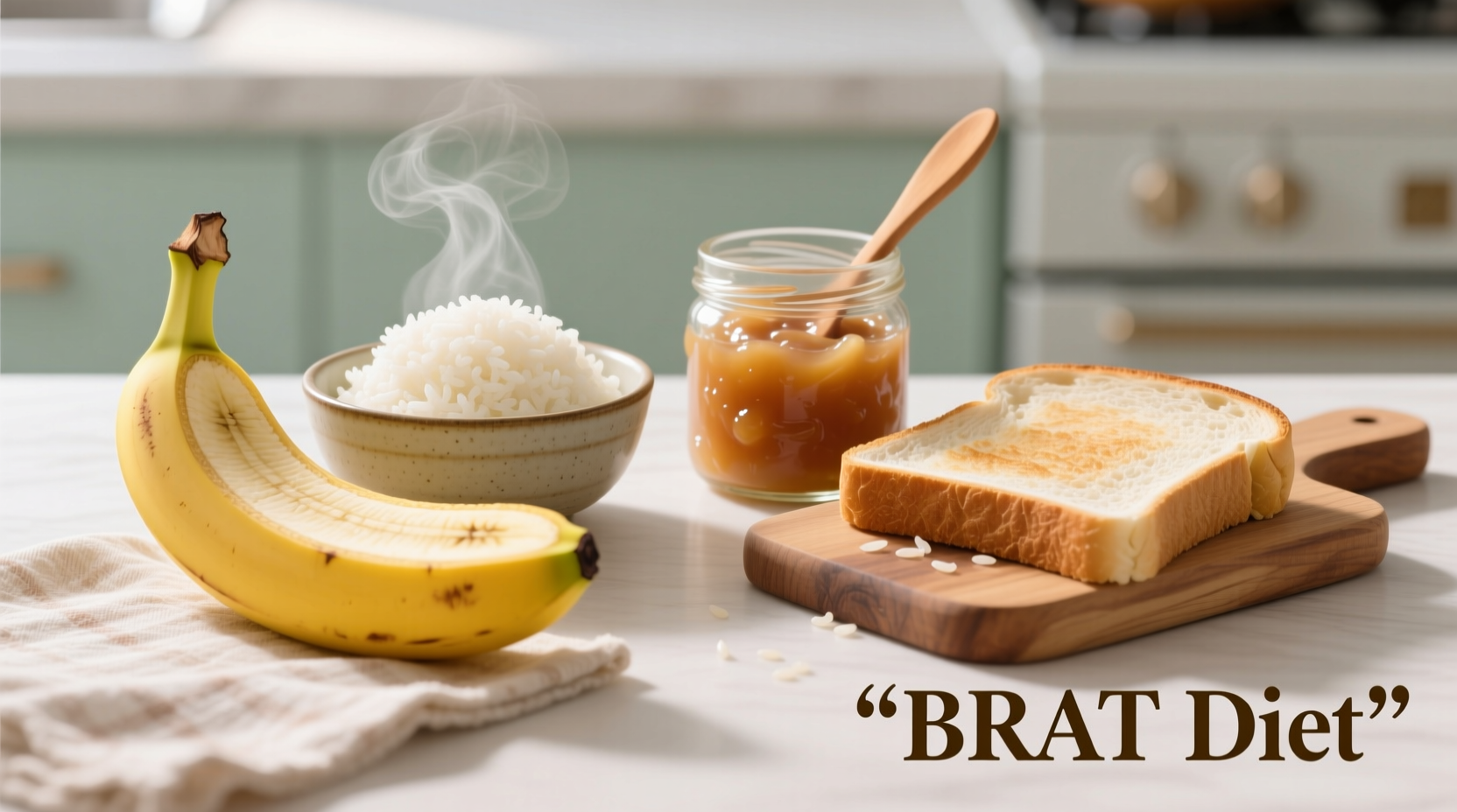 BRAT diet components: bananas, white rice, applesauce, and plain toast arranged on a wooden table