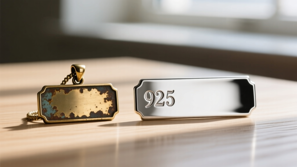 Macro photography comparing a tarnished brass name pendant next to a bright, highly polished 925 sterling silver nameplate