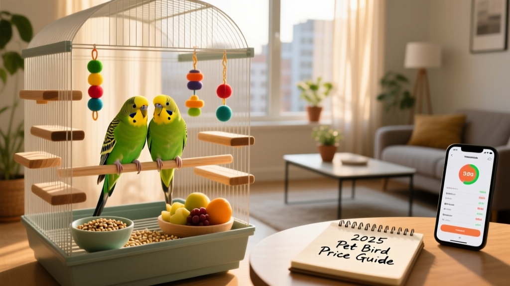 A cheerful pair of budgies in a spacious, well-equipped cage with perches, toys, and fresh food