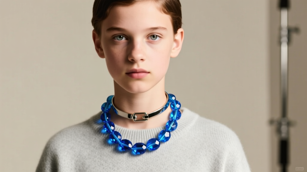 Teenager wearing a sapphire-blue chewable gem necklace, focusing on the breakaway safety clasp at the back of the neck