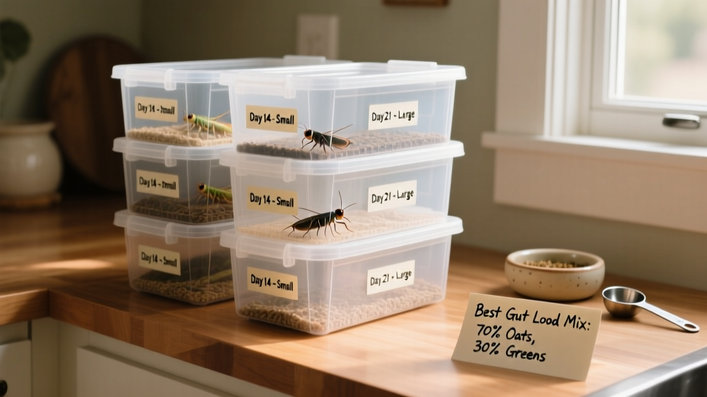 Stacked plastic cricket bins with ventilation, labeled with dates and sizes, in a tidy home setup