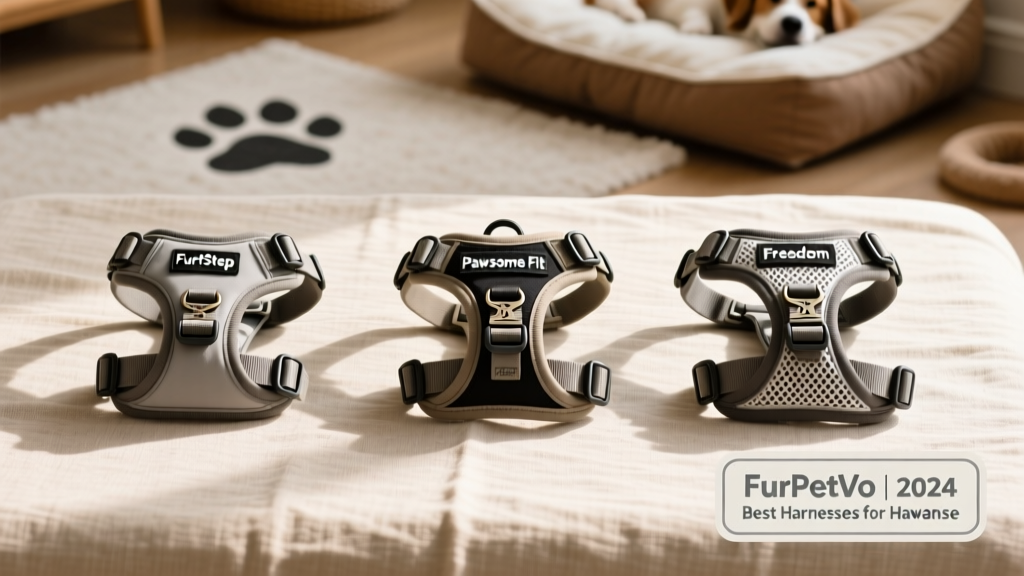 Side-by-side comparison showing three FurPetVo harnesses (SoftStep, Pawsome Fit, and Freedom) laid flat on a clean surface, highlighting adjustability straps and clip placements