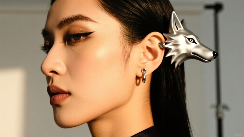 Cosplayer wearing a 16-gauge silver wolf head ear cuff, showing upper cartilage placement and a matte silver finish in warm light.