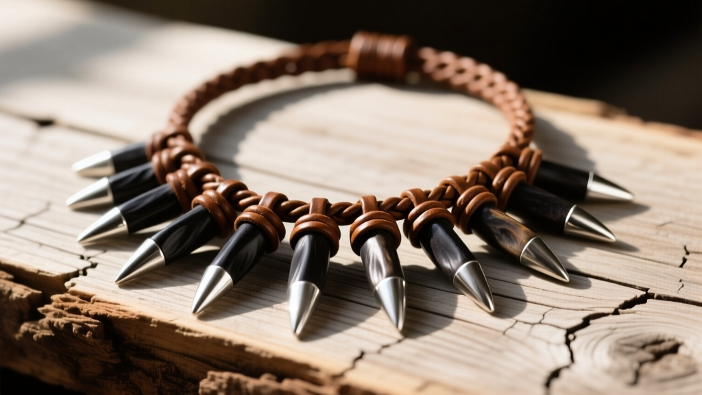 Rustic wild turkey spur necklace on weathered wood, featuring dark keratin spurs, silver caps, and a braided brown leather cord.