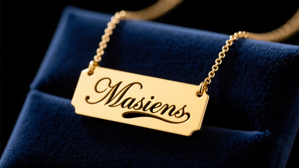 Custom 14k yellow gold nameplate necklace on dark velvet, showing precise laser-cut cursive lettering and a polished box chain.