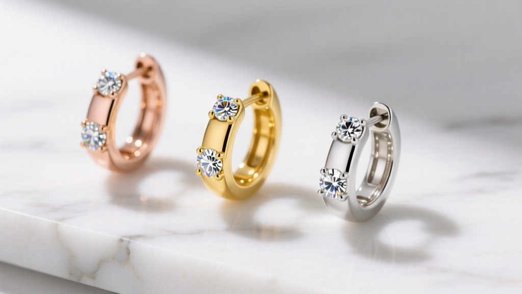 Top view of three channel set gold huggies displaying graduated round diamonds in rose, yellow, and white metals on white marble.