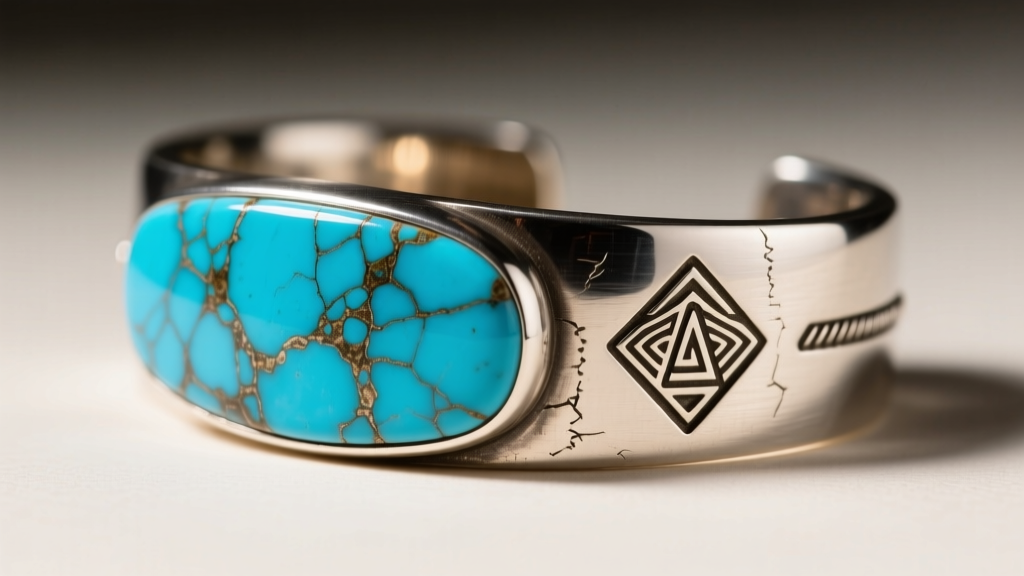 Deep hand-stamped Navajo silver hallmark beside a shallow laser-etched fake on a polished turquoise and silver cuff bracelet macro.
