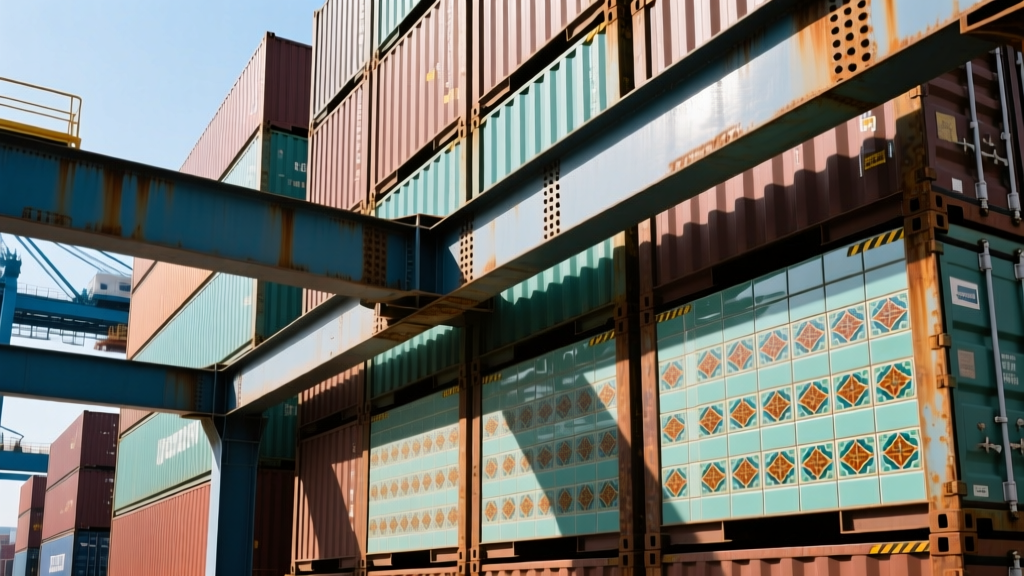 Stacked shipping containers at a seaport with steel beams and ceramic tiles visible, symbolizing imported Chinese building materials