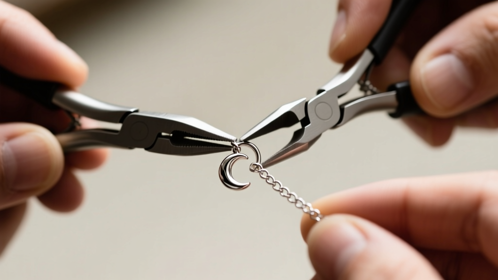 Jeweler hands using two flat-nose pliers to open a 4mm sterling silver jump ring, attaching a small moon charm to a rolo chain.