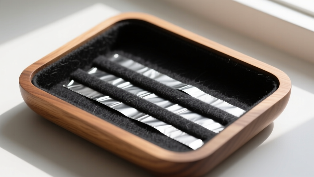 Cross-section showing anti-tarnish strips hidden beneath a custom-cut charcoal felt insert inside a shallow wooden jewelry tray.