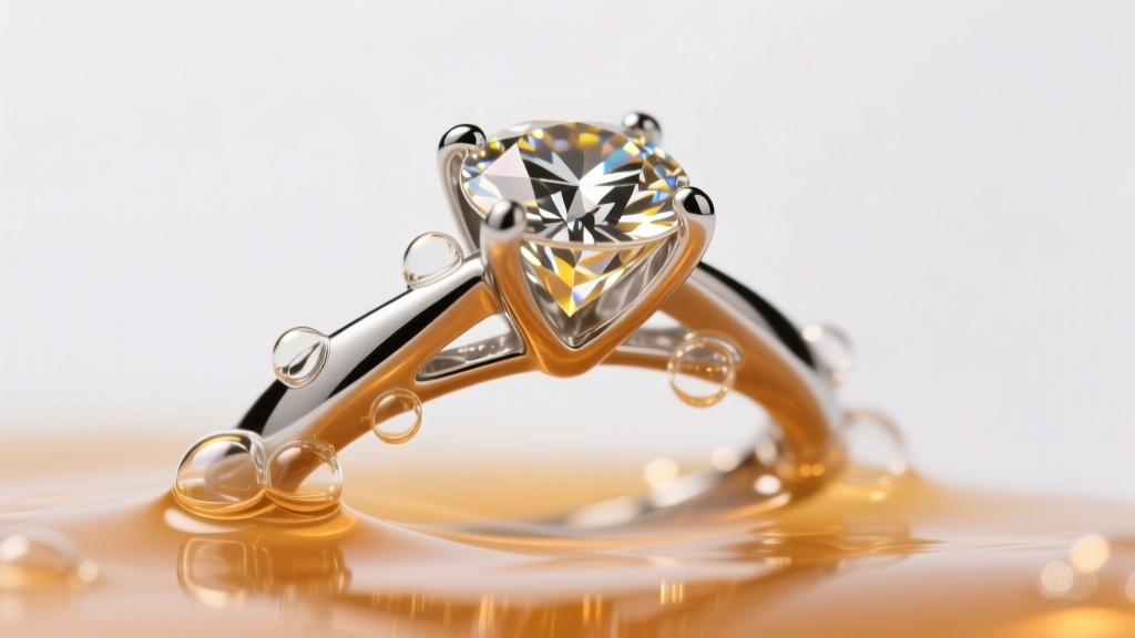 Macro shot of a platinum diamond ring in warm soapy water, tiny bubbles clinging to the prongs under soft studio lighting.