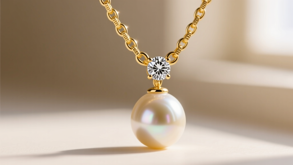 Close-up of 14k yellow gold dangle converter chain attaching a diamond stud to a pearl drop against soft natural window lighting