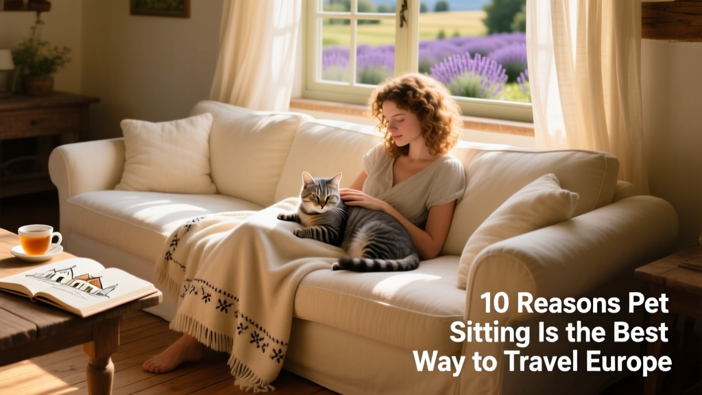 Person curled up on a cozy sofa, gently stroking a relaxed gray cat