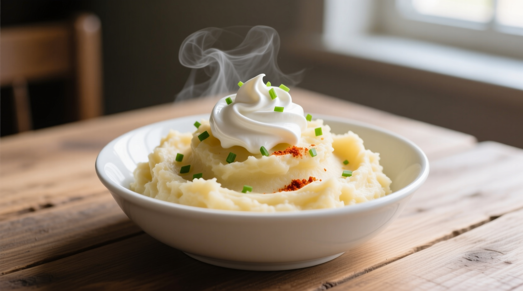 Creamy mashed potatoes with sour cream in white bowl