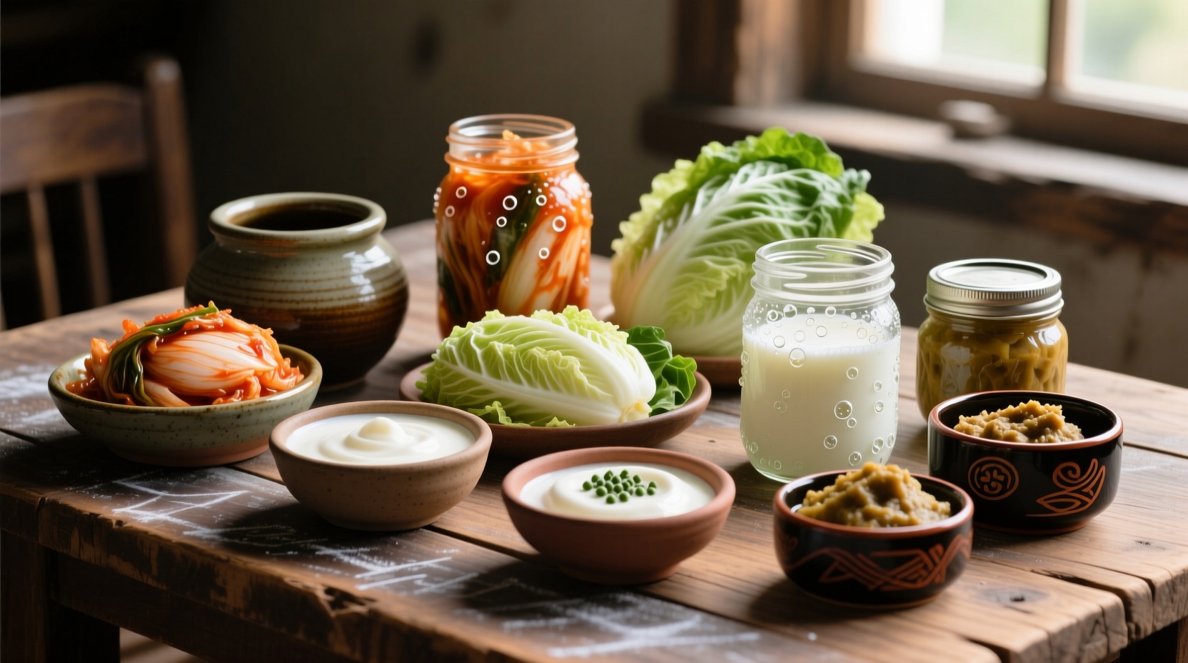 Variety of probiotic-rich fermented foods on wooden table