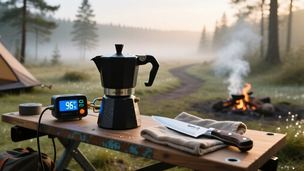 Overlanding campsite at dawn showing a digital PID temperature controller wired to a portable espresso boiler next to a santoku knife.
