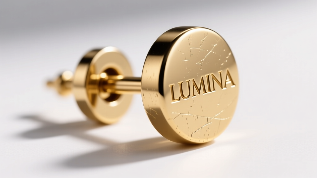 Close-up of luxury earring post and backing, showing laser-engraved brand hallmarks and precise metal stamping on brass base.