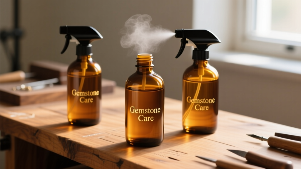 Amber glass spray bottles for gemstone care on a wooden jeweler's workbench, alongside a digital pH meter and folded lint-free microfiber cloths.