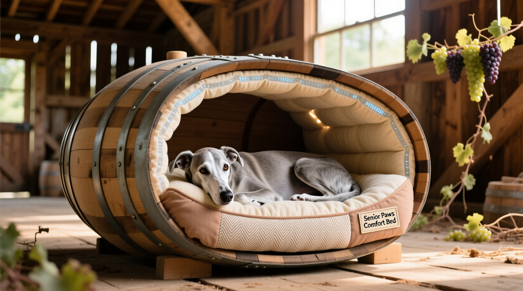 how to repurpose empty wine barrels into pet beds that regulate temperature for senior dogs