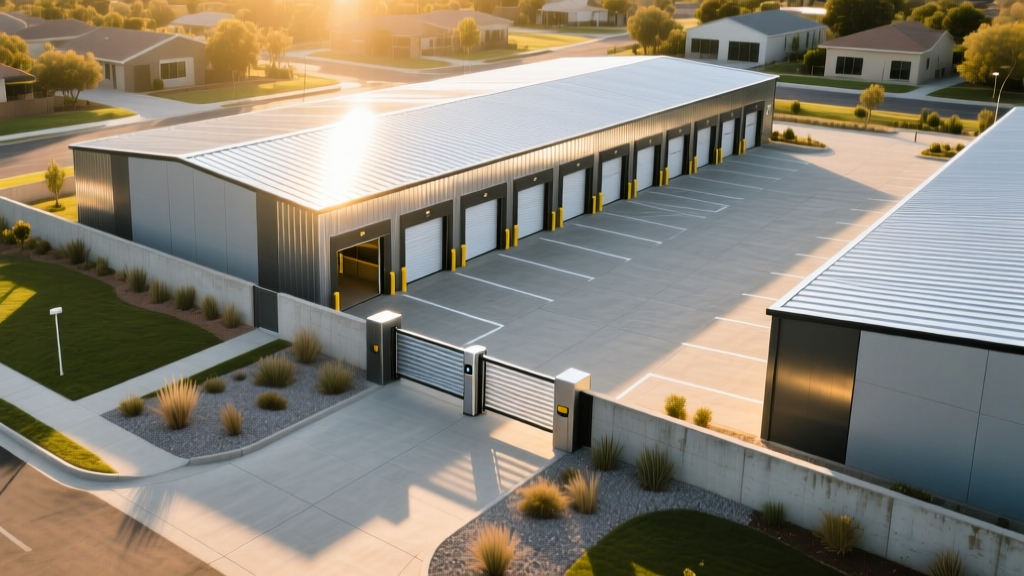 Aerial view of a new commercial self-storage facility with metal roofing, paved concrete driveways, and automated security gates in sunlight