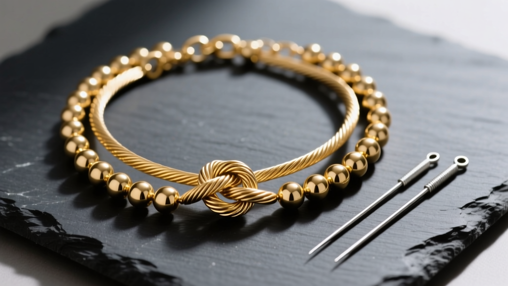 Overhead view of a tangled gold bead and cable chain necklace on dark slate, with two fine sewing needles placed nearby.