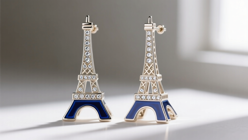 Close-up of 18k white gold Eiffel tower earrings featuring pave-set round diamonds and deep blue cold enamel accents at the base.