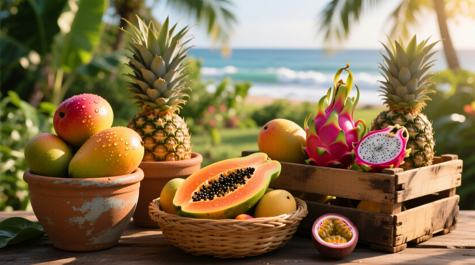 tropical fruit in containers