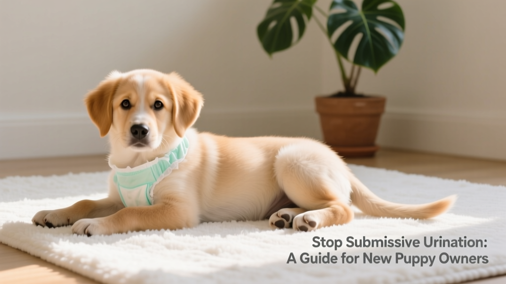 Puppy wearing a soft, well-fitted doggie diaper while resting calmly on a clean rug