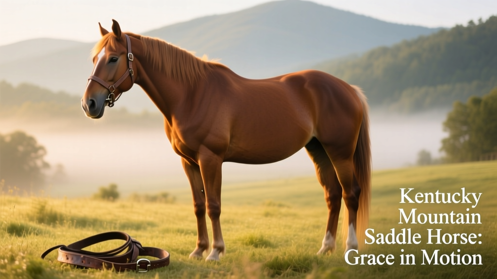 A Kentucky Mountain Saddle Horse standing calmly in a sunlit pasture, showing its arched neck and calm expression